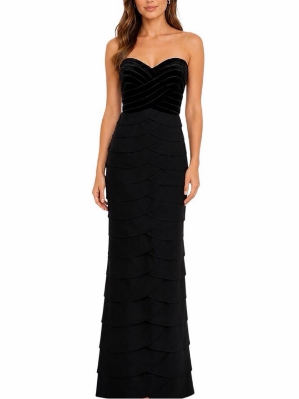 Adrianna Papell Black Strapless Velvet Chiffon Column Evening Gown Size 6
